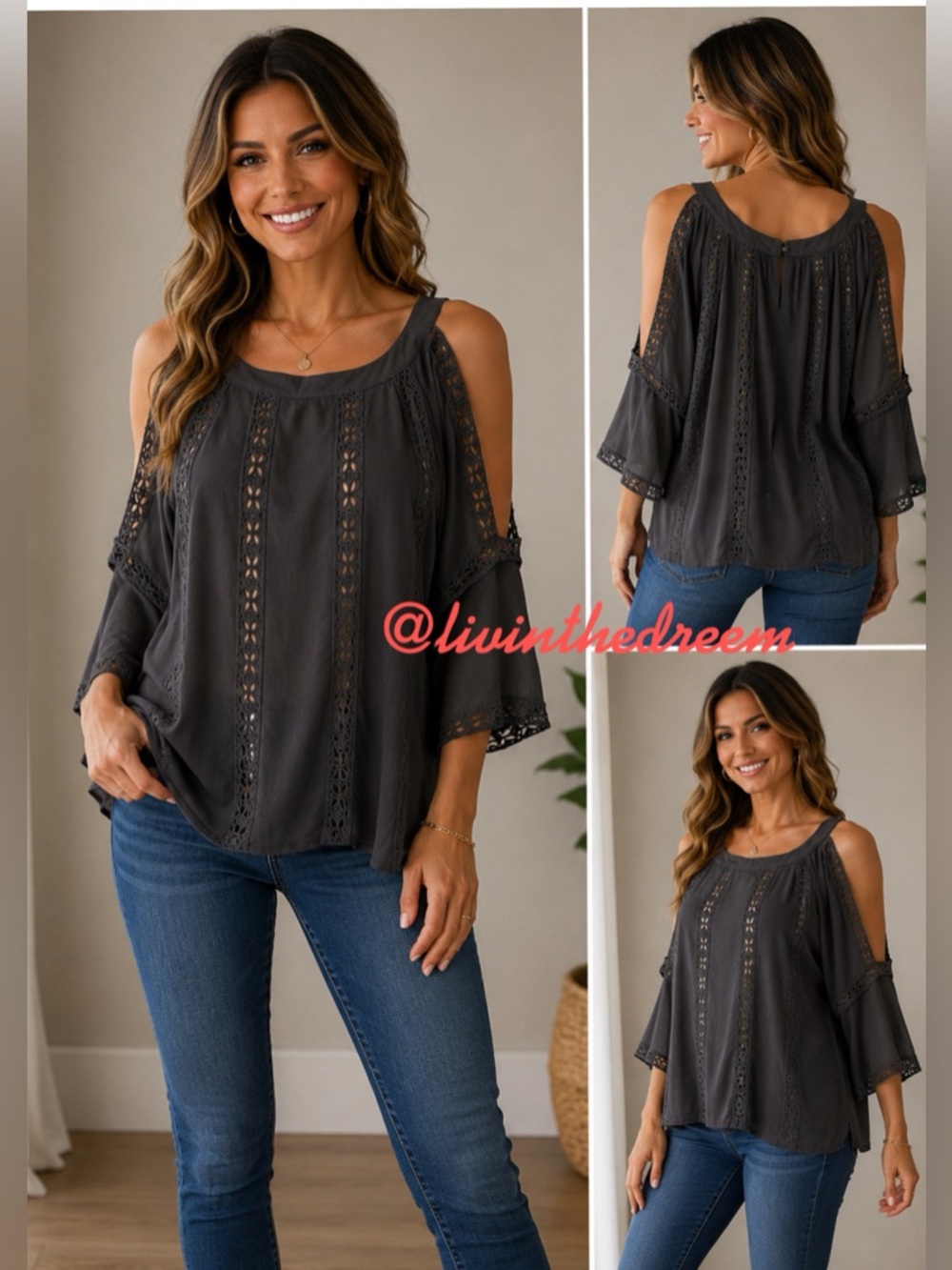 BKE RED Grey Cold Shoulder 3/4 Sleeve Top SZ L $69
